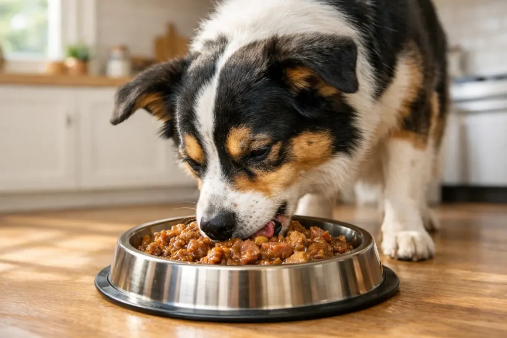 A close-up of a tricolor Australian Shepherd happily eating chunky wet dog food from a stainless steel bowl on a wooden floor.