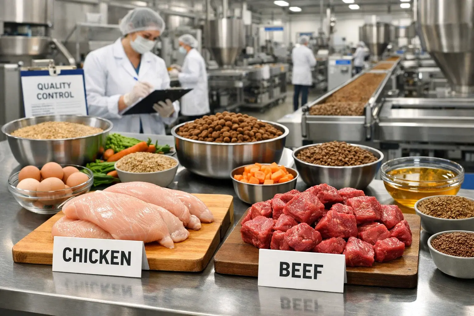 A high-quality animal feed manufacturing facility with fresh ingredients like raw chicken, beef, eggs, and vegetables in the foreground and quality control staff in the background.