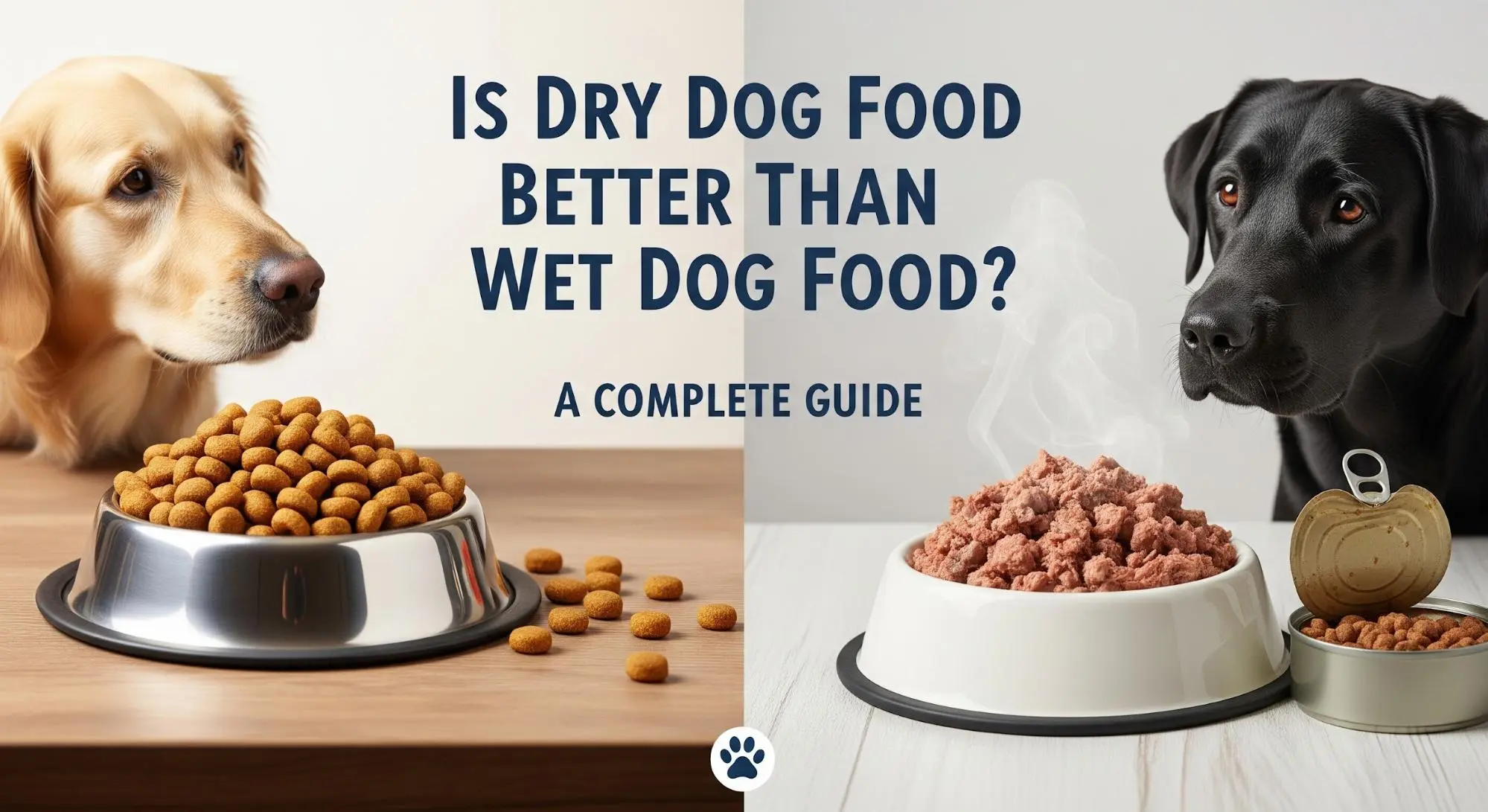 A comparison graphic featuring a Golden Retriever looking at a bowl of dry kibble and a Black Labrador looking at a bowl of wet canned food with the text "Is Dry Dog Food Better Than Wet Dog Food? A Complete Guide.