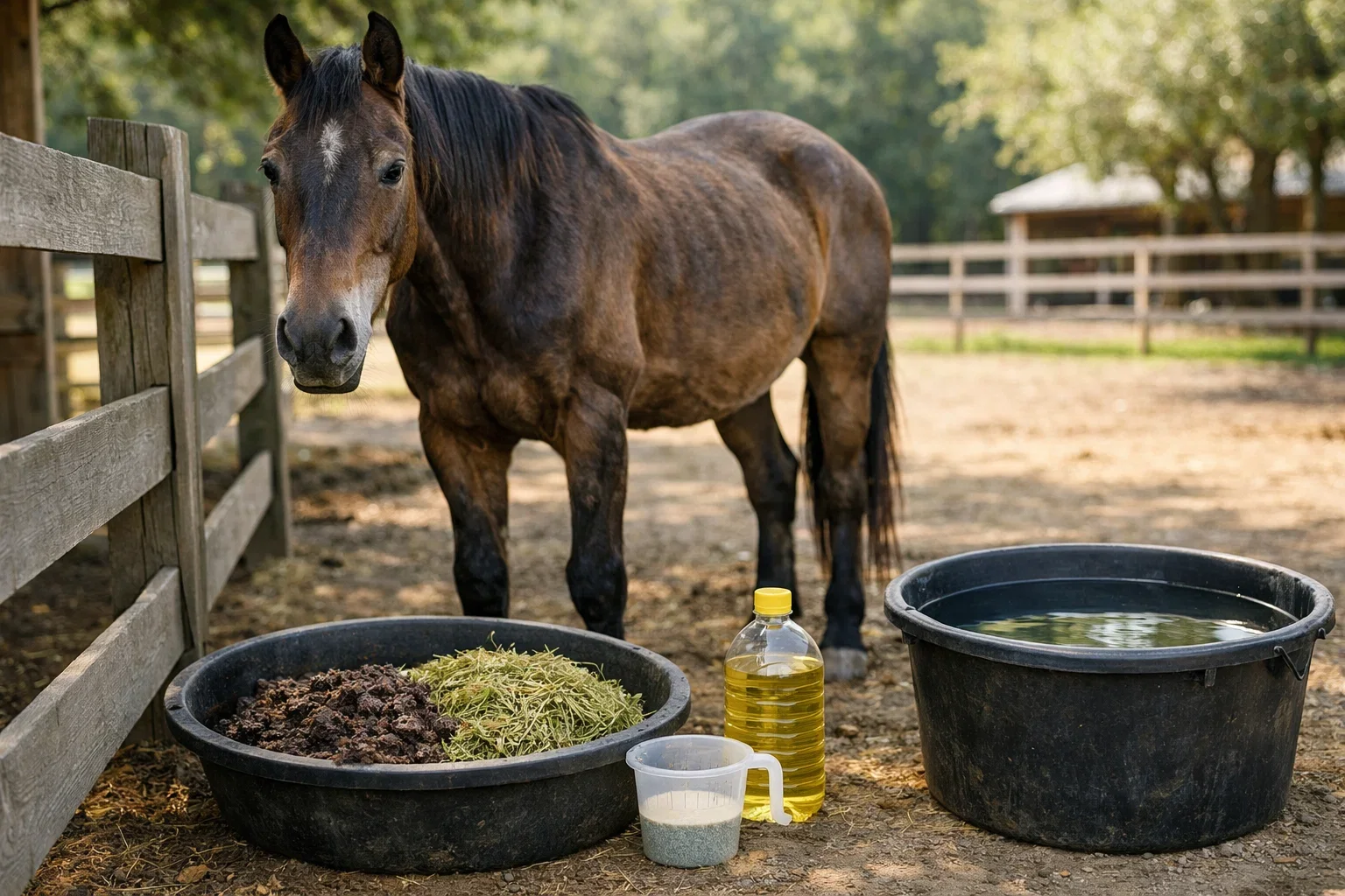 A brown horse standing in a paddock near a specialized diet of mash, hay, oil, and water.