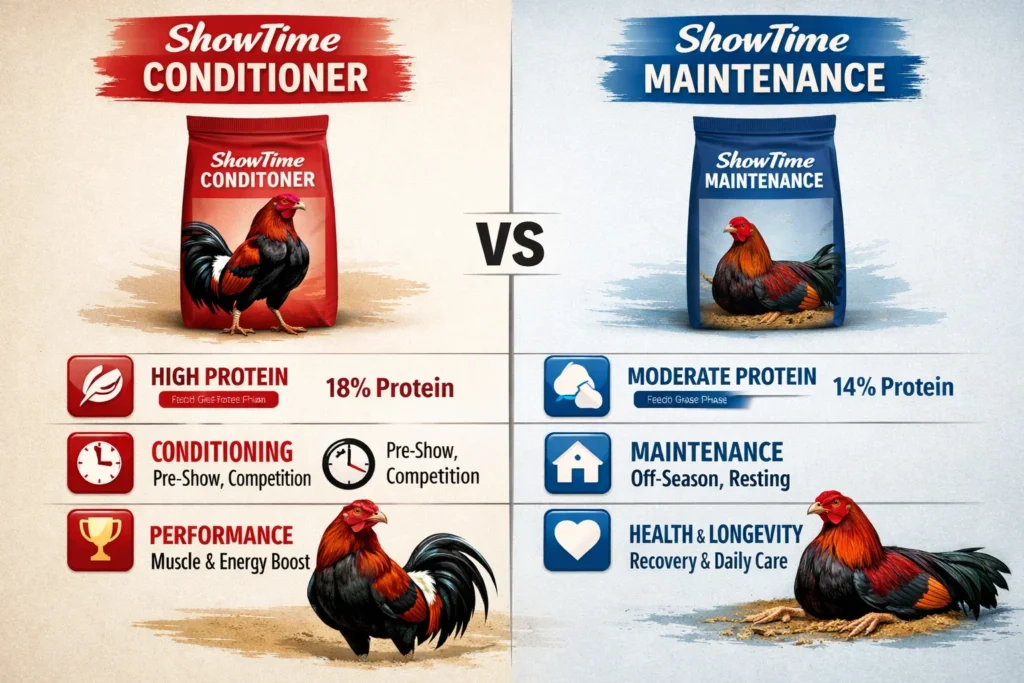 A comparison chart between ShowTime Conditioner (18% Protein) and ShowTime Maintenance (14% Protein) feed bags.
