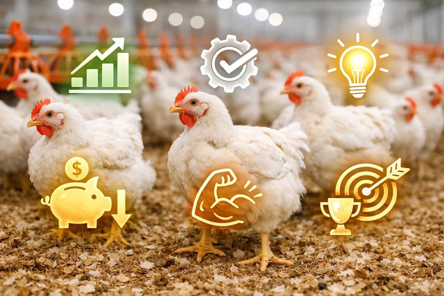 White broiler chickens with glowing yellow icons representing growth, cost savings, muscle mass, and performance.