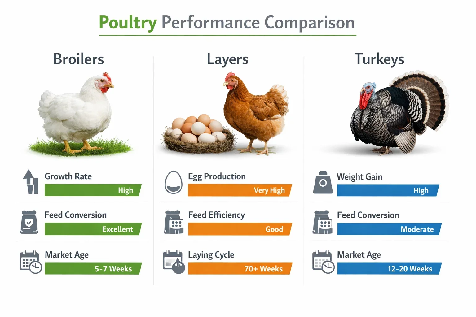 An infographic comparing performance metrics (Growth/Egg Rate, Feed Efficiency, and Market Age) for Broilers, Layers, and Turkeys.