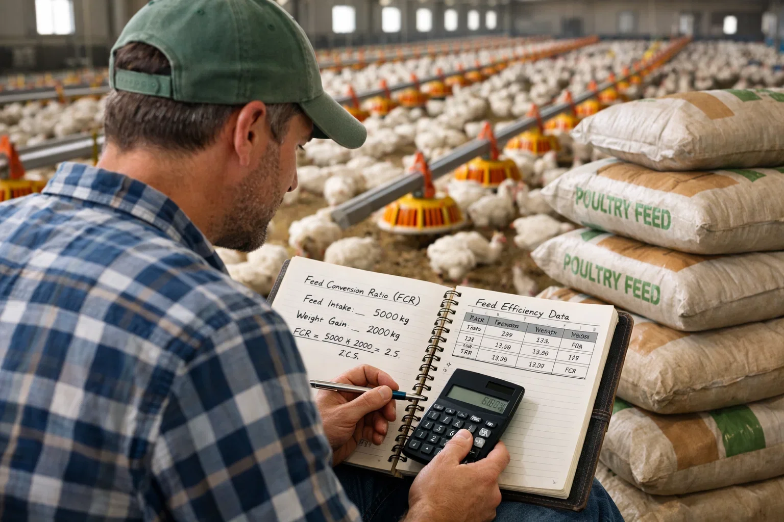 A farmer in a poultry house writing the FCR formula and data in a notebook while using a calculator.