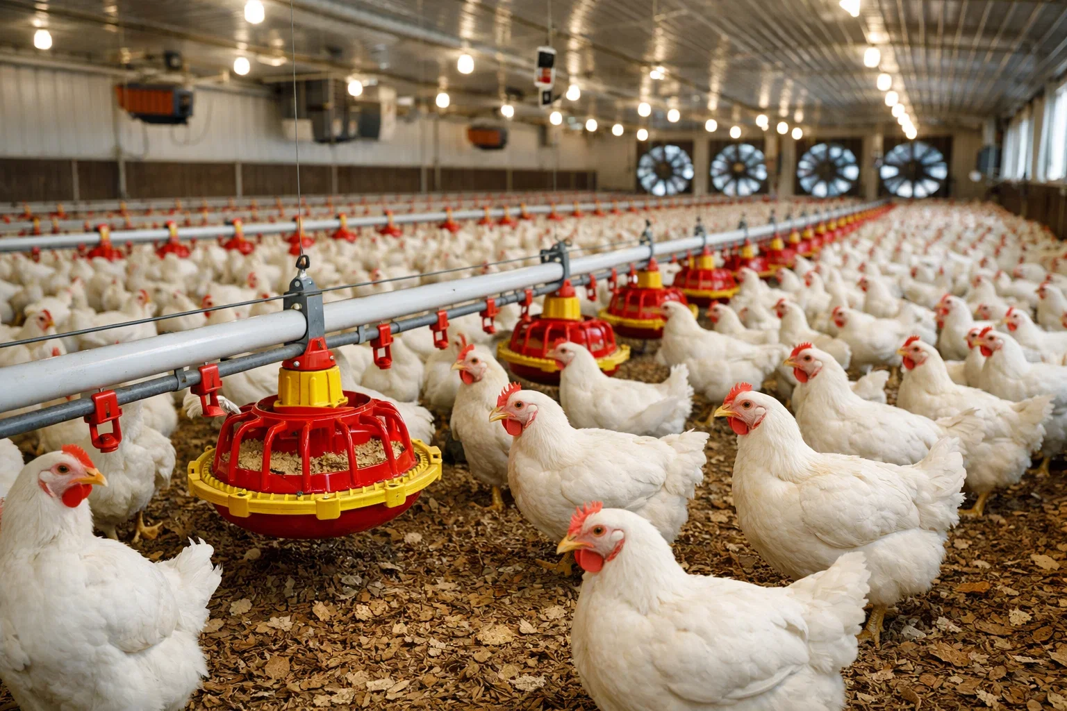 Interior of a large industrial poultry house with white broilers feeding from automated red circular feeders.
