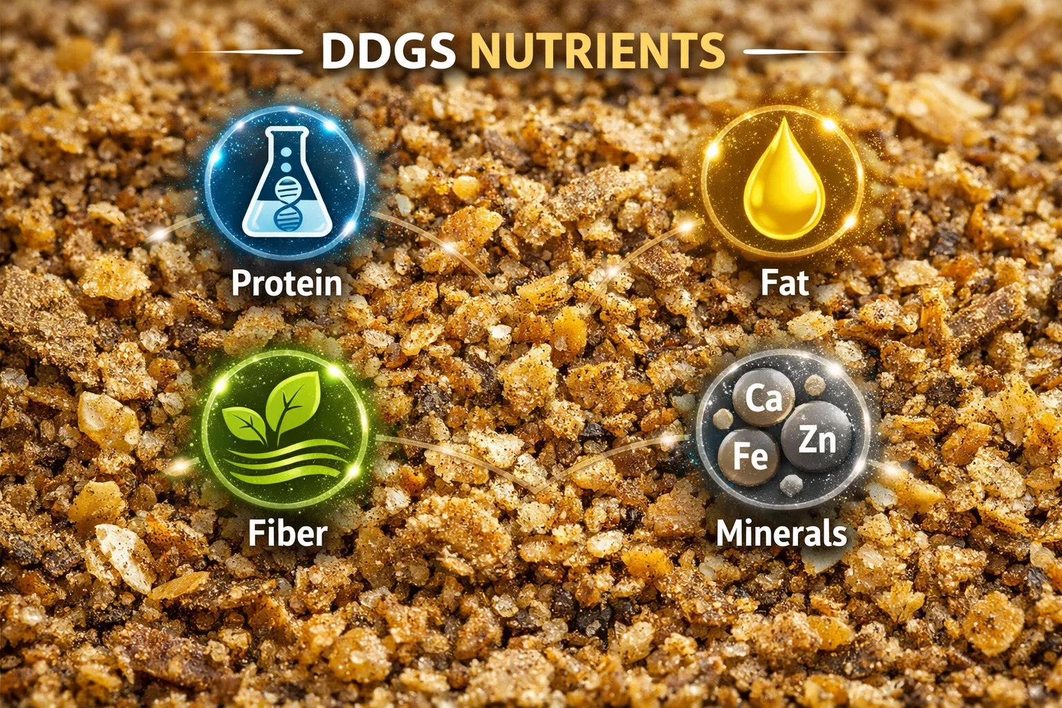 A close-up of DDGS grain with four icons highlighting its nutritional content: Protein, Fat, Fiber, and Minerals.