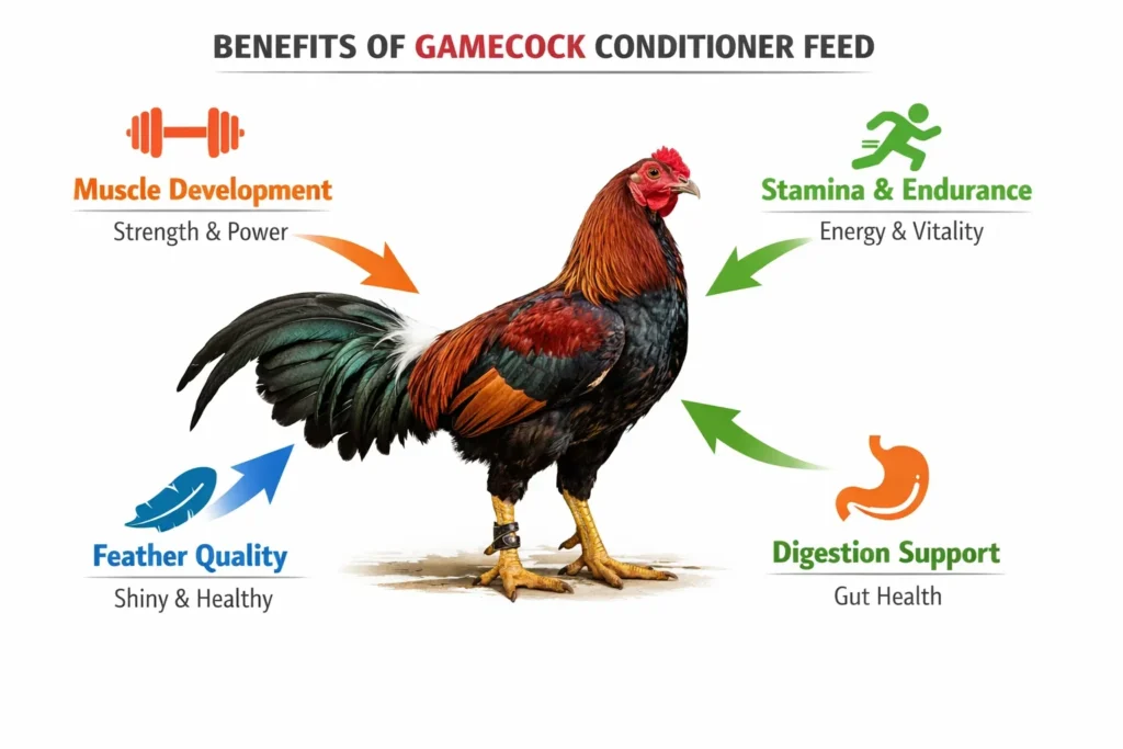 An infographic titled "Benefits of Gamecock Conditioner Feed" featuring a rooster and four key health benefits.