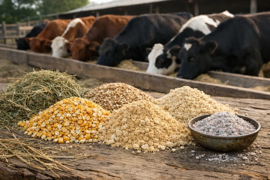 Piles of different cattle feed ingredients including hay, corn, soy meal, and minerals on a wooden table with cows feeding in the background.