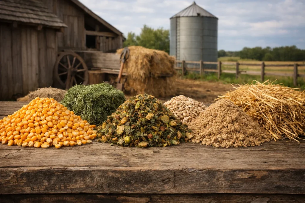 Various piles of cattle feed such as whole corn, green silage, grain mix, and straw arranged on a rustic wooden surface outdoors.
