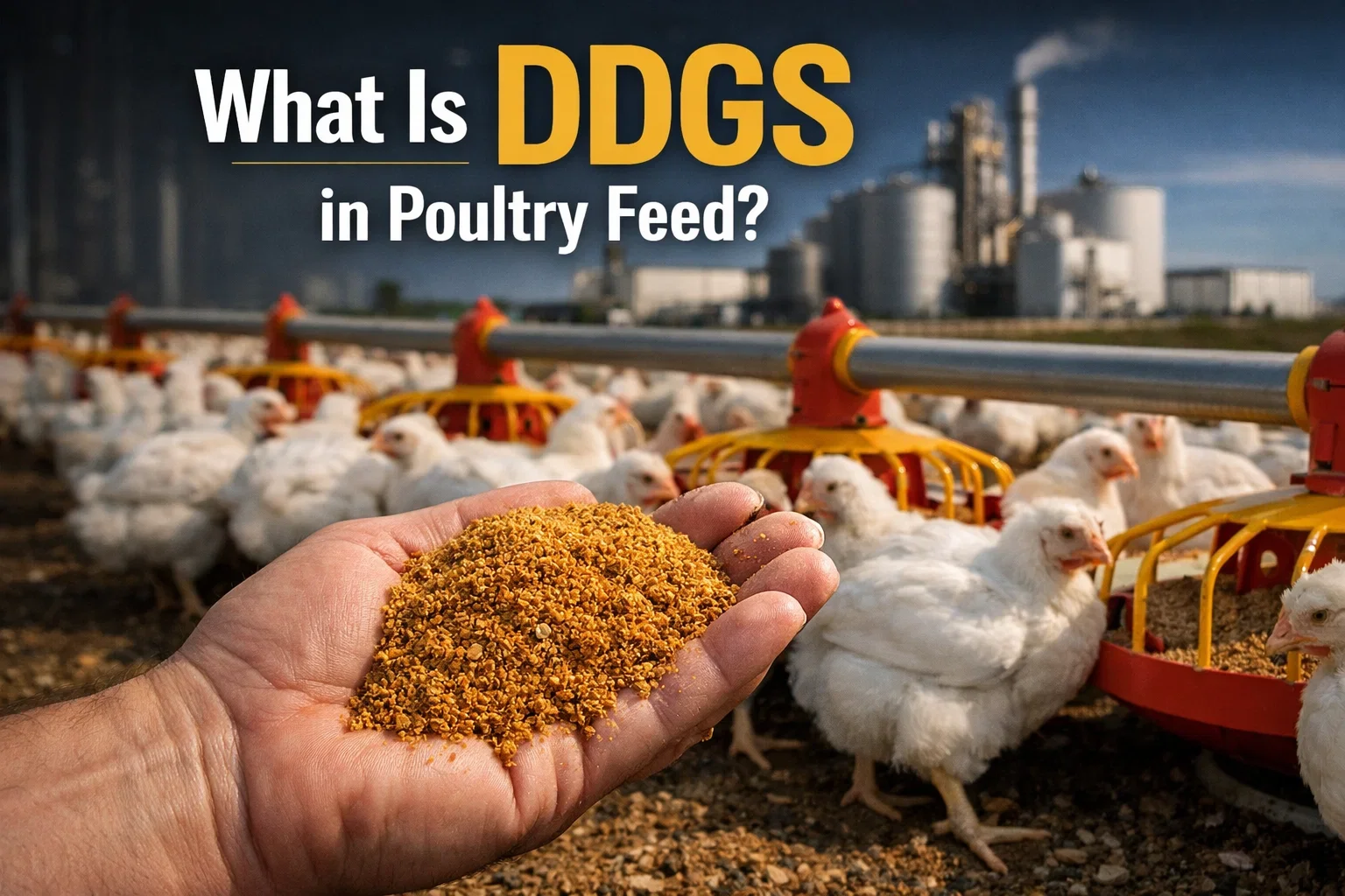 A close-up of a hand holding golden-brown DDGS feed with chickens and an ethanol plant in the background.