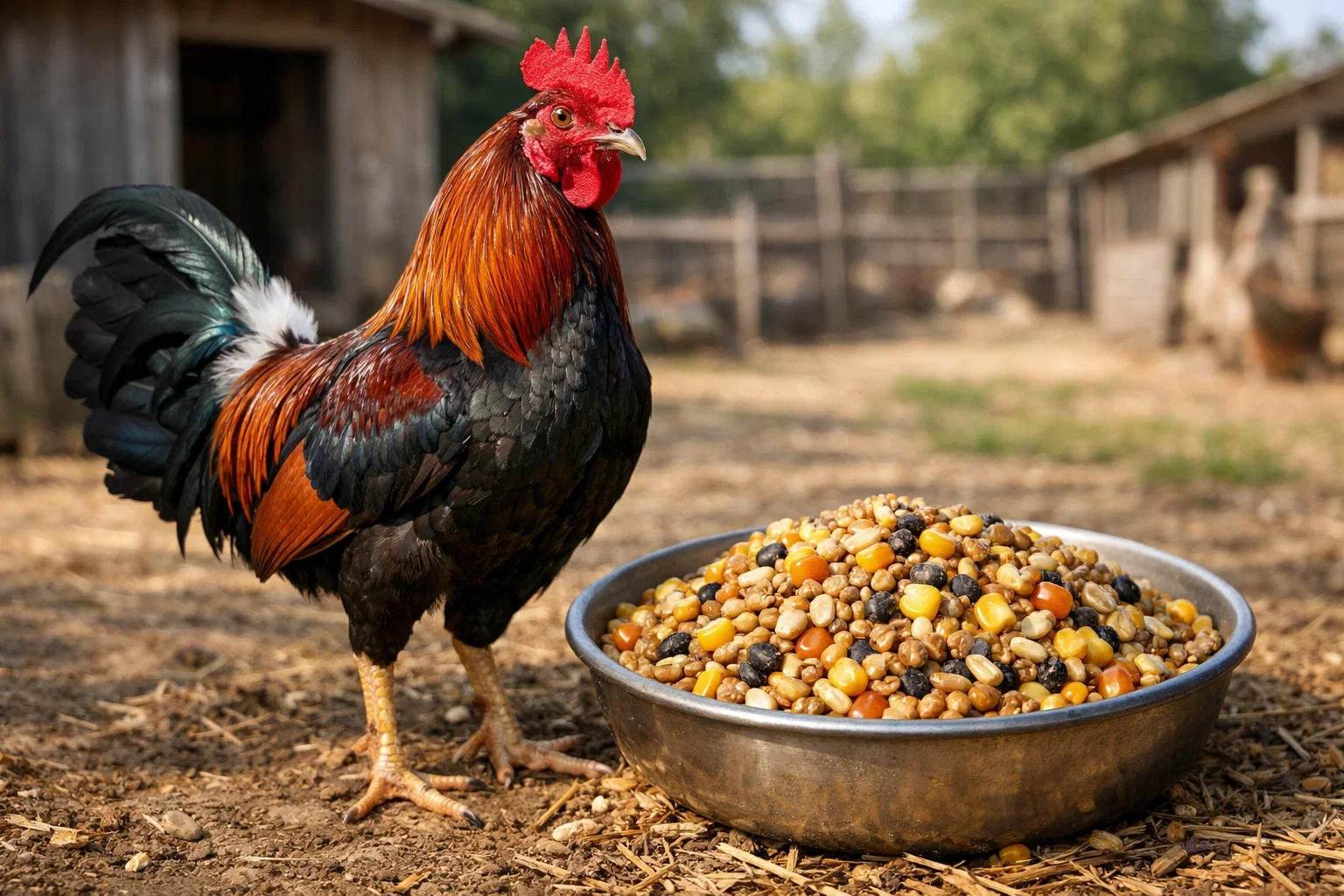 A high-performance rooster standing next to a large metal bowl filled with a variety of colorful grains and seeds.