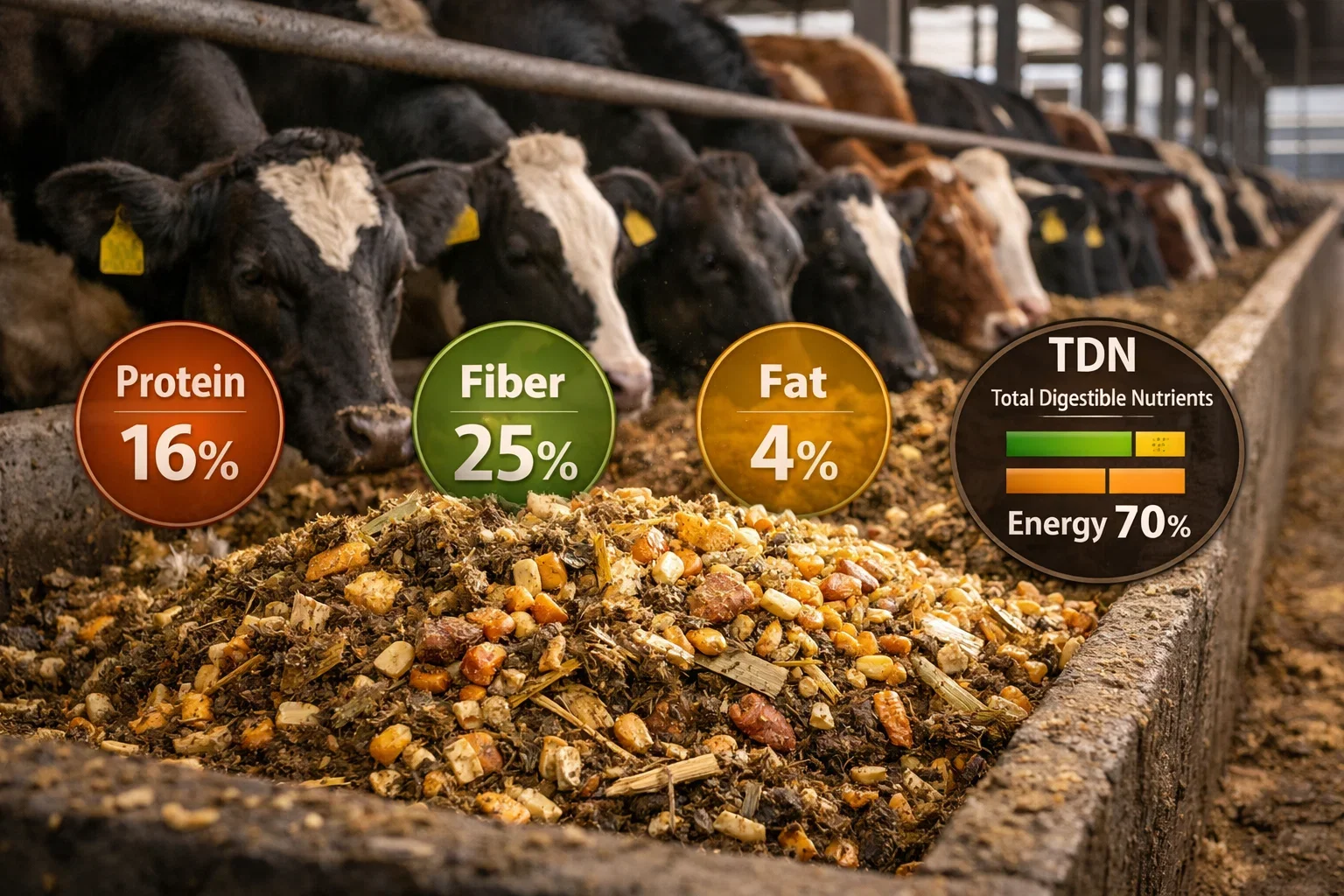 Cattle eating from a bunk with overlaid graphic icons showing 16% Protein, 25% Fiber, 4% Fat, and 70% TDN (Total Digestible Nutrients).