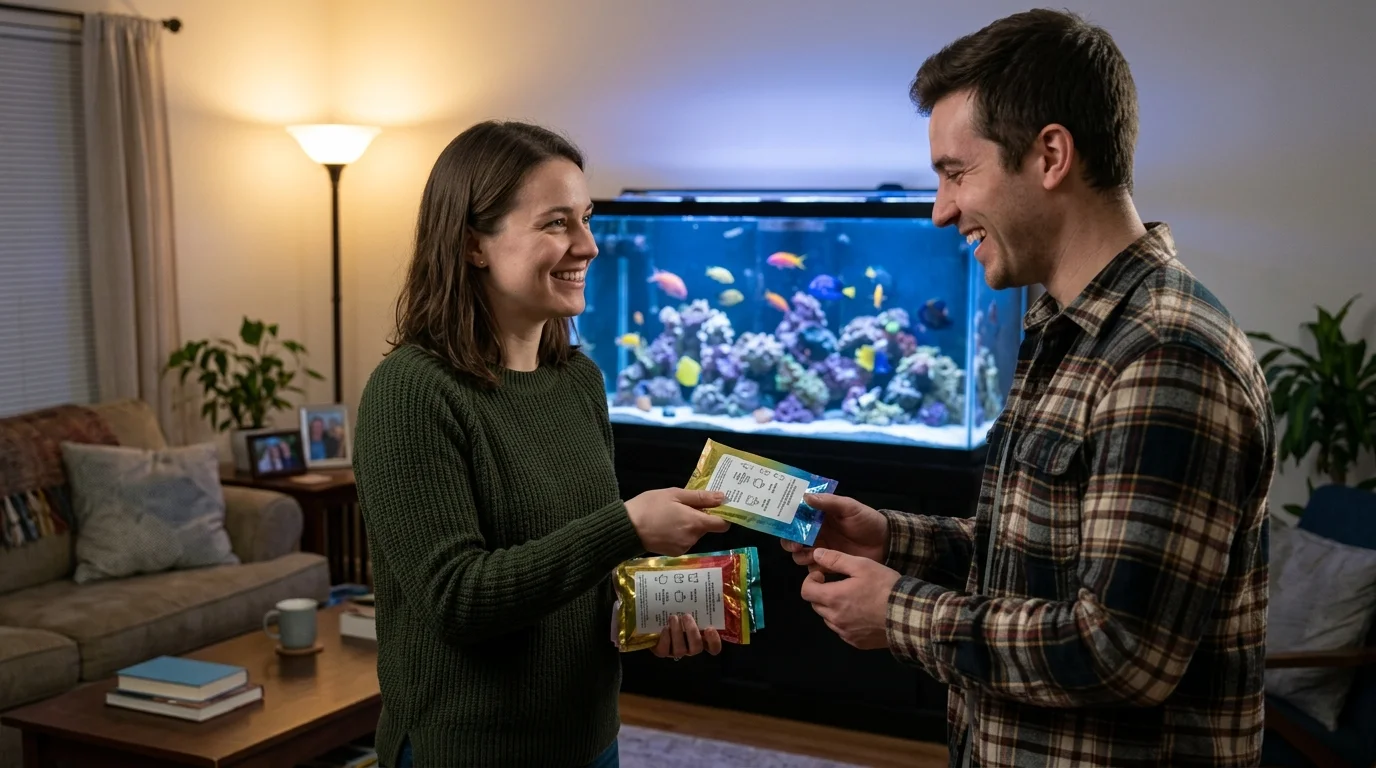 A woman handing pre-portioned bags of fish food to a man in front of a large saltwater aquarium.