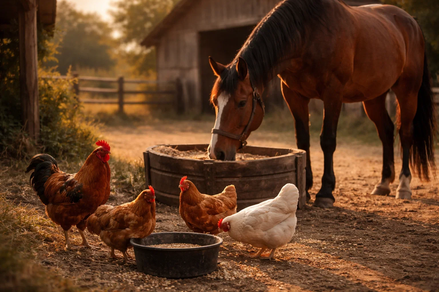 A group of chickens including a rooster and hens feeding from a bowl next to a horse eating from a trough in a sunny farmyard.