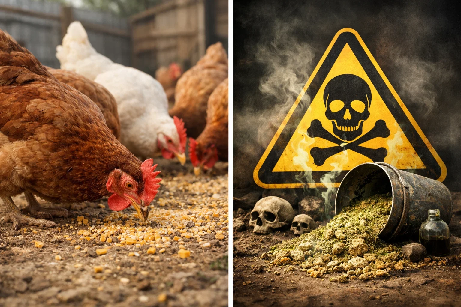 A split-screen image showing healthy chickens eating corn on the left and a yellow toxic warning sign with a skull and spilled feed on the right.