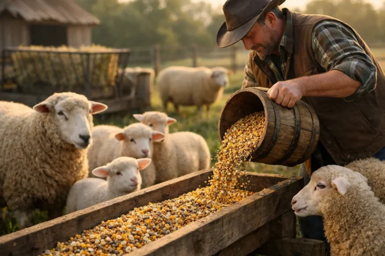 A farmer in a cowboy hat pouring a wooden bucket of corn and grain mix into a trough for several sheep.