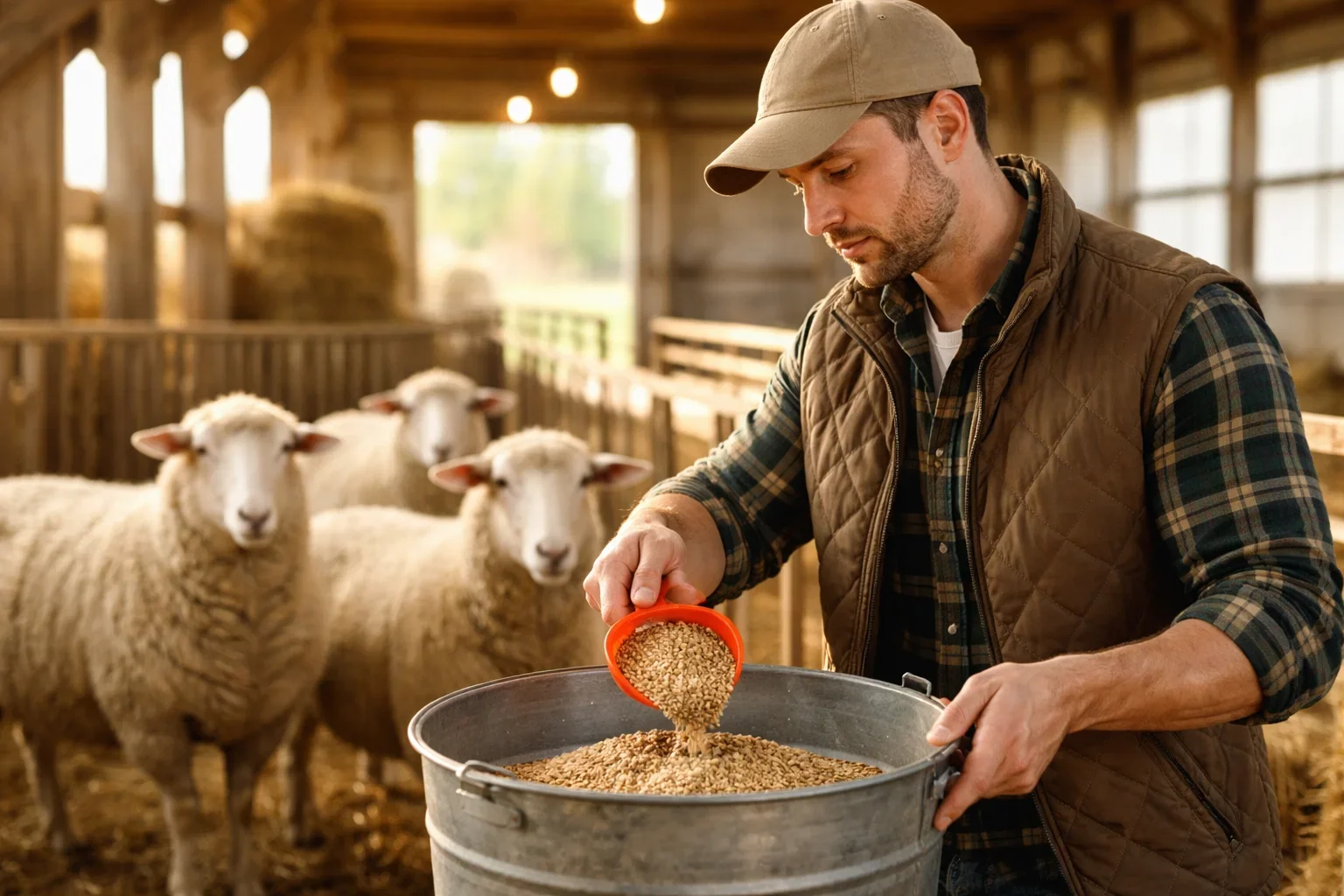 A farmer in a tan cap pouring a scoop of grain into a metal bucket while sheep stand behind a wooden gate.