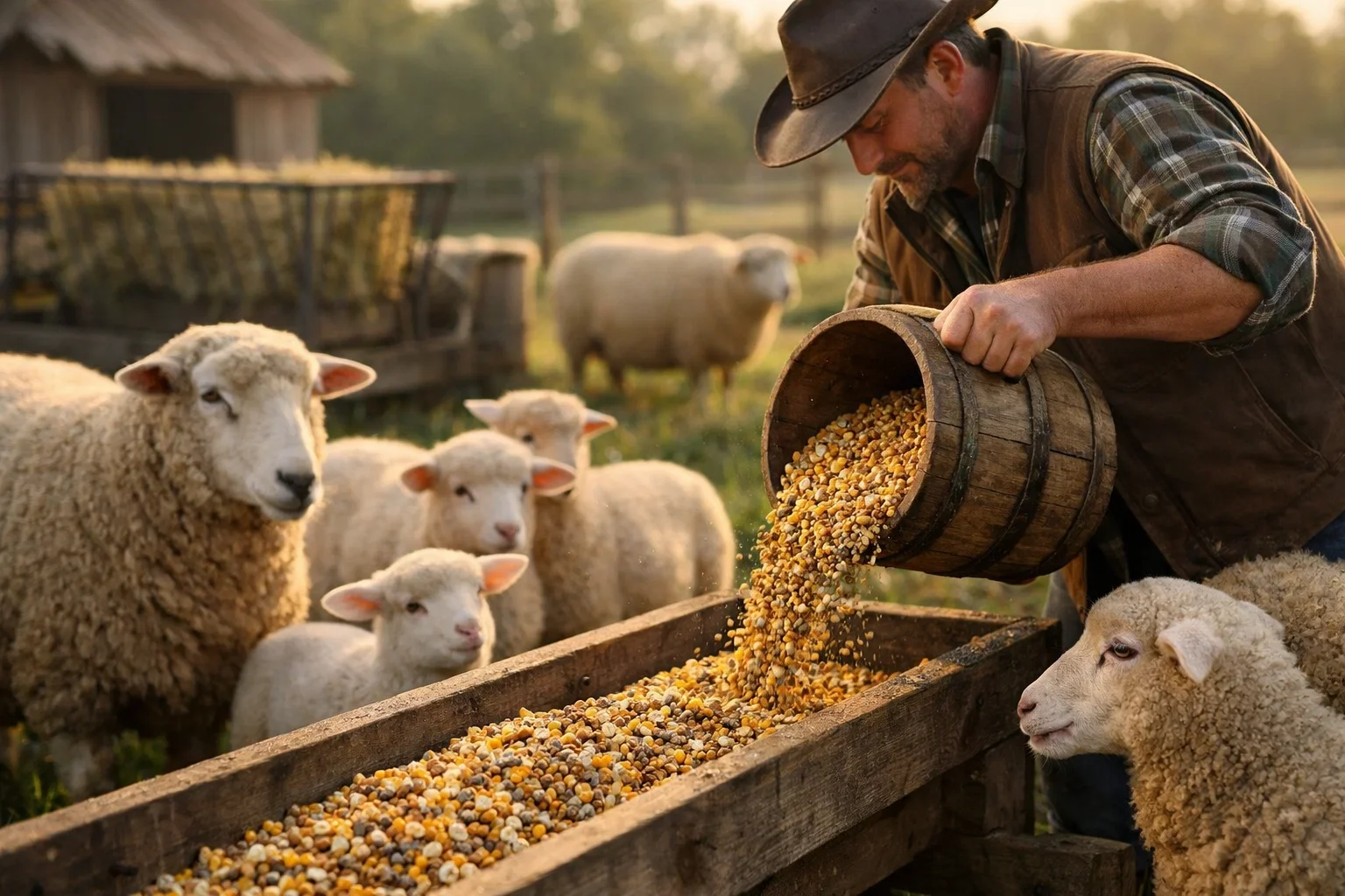 A farmer in a cowboy hat pouring a wooden bucket of corn and grain mix into a trough for several sheep.