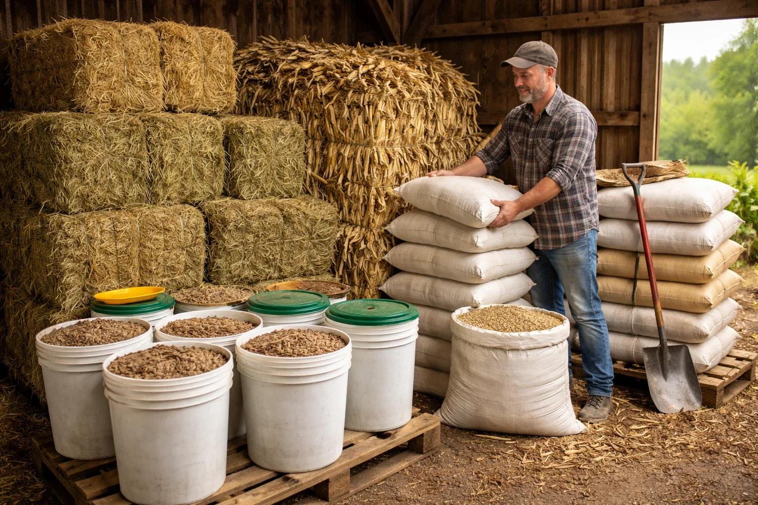 A farmer in a barn organizing white feed sacks next to stacks of hay bales and buckets of grain.