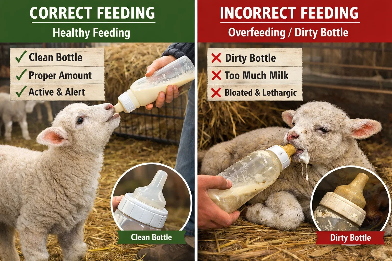 A side-by-side comparison of correct vs. incorrect lamb bottle feeding techniques.