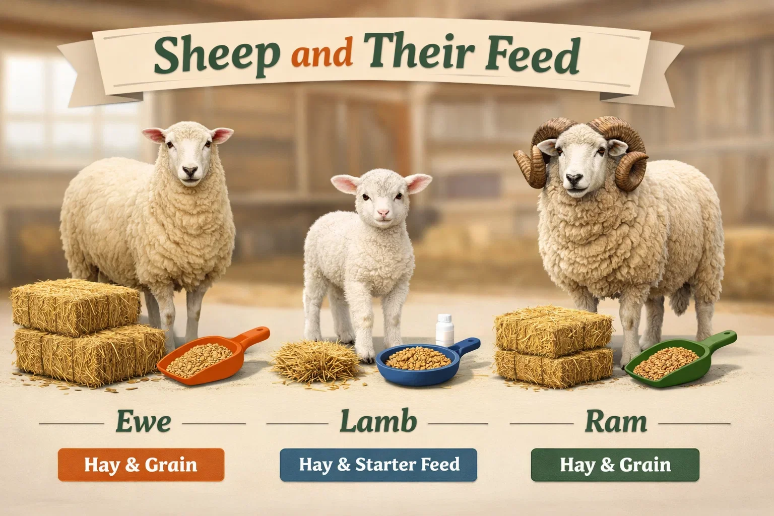 An educational graphic showing an ewe, a lamb, and a ram with their specific hay and grain requirements.