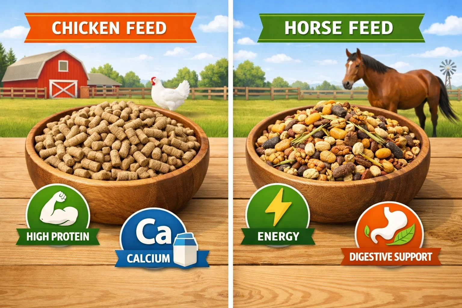 An infographic comparing chicken feed and horse feed, highlighting high protein and calcium for poultry versus energy and digestive support for horses.