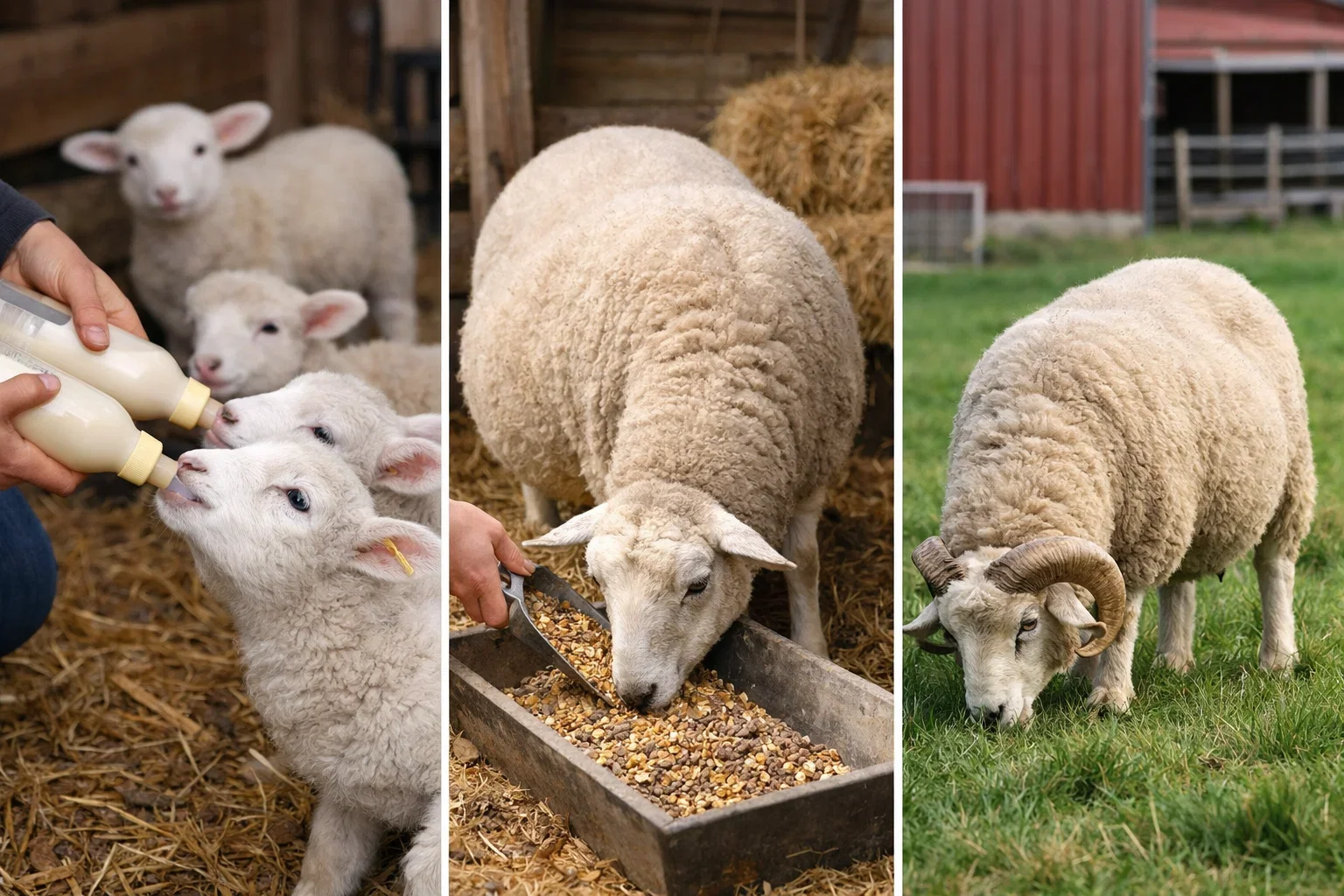 A three-panel vertical collage showing lambs being bottle-fed, a sheep eating grain, and a ram grazing in a field.