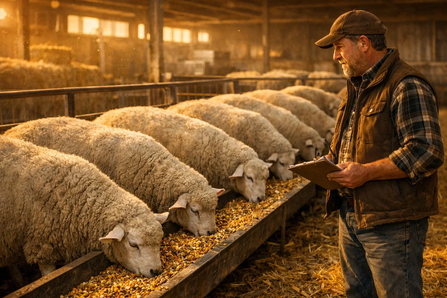 A farmer holding a clipboard while observing a long row of sheep eating grain from a metal trough.