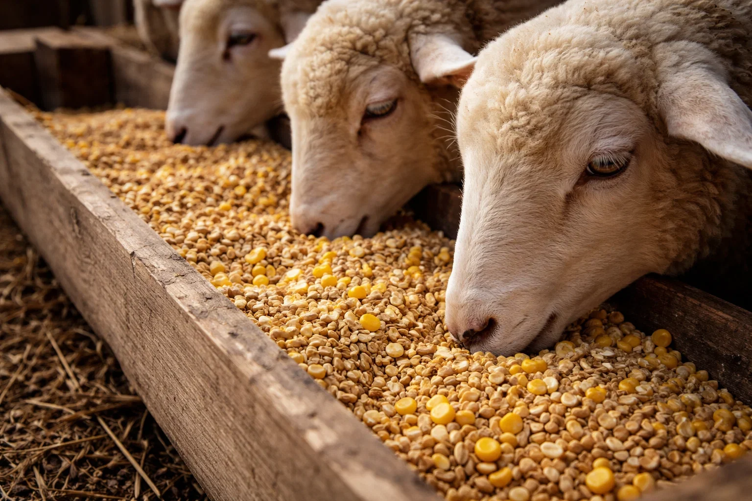 Close-up of three sheep eating a mixture of cracked corn and small grain pellets from a wooden trough.