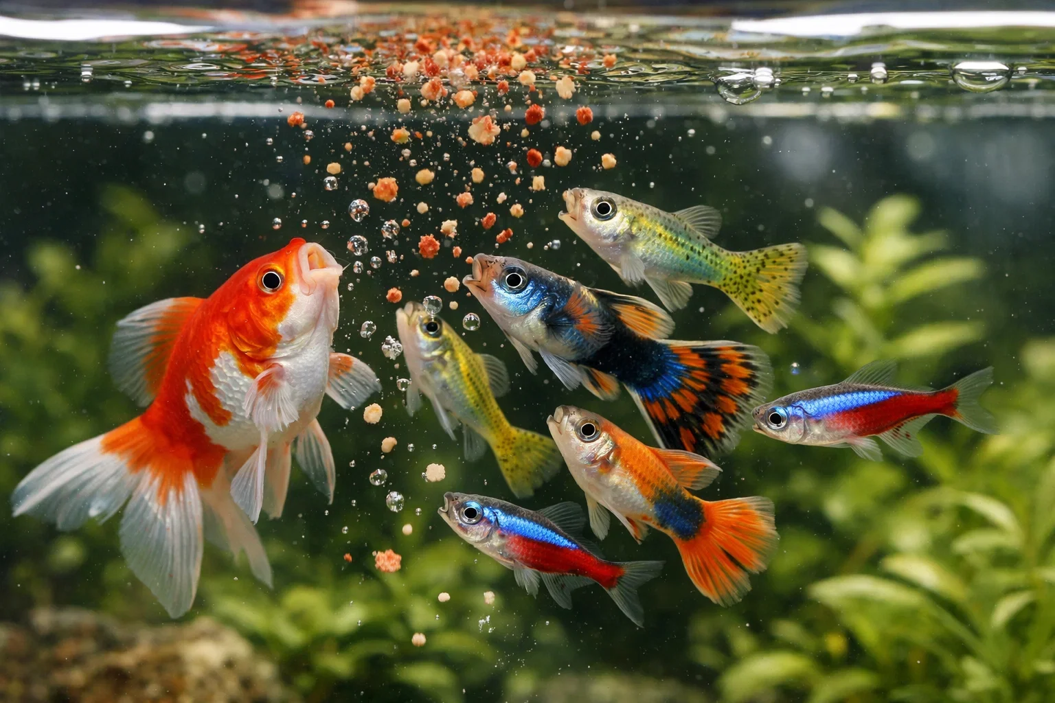 Colorful community aquarium fish including guppies and neon tetras swimming toward falling food pellets in a planted tank.
