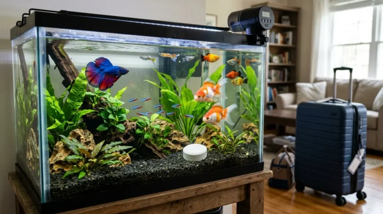 An aquarium with an automatic feeder and a slow-release food block next to a travel suitcase.