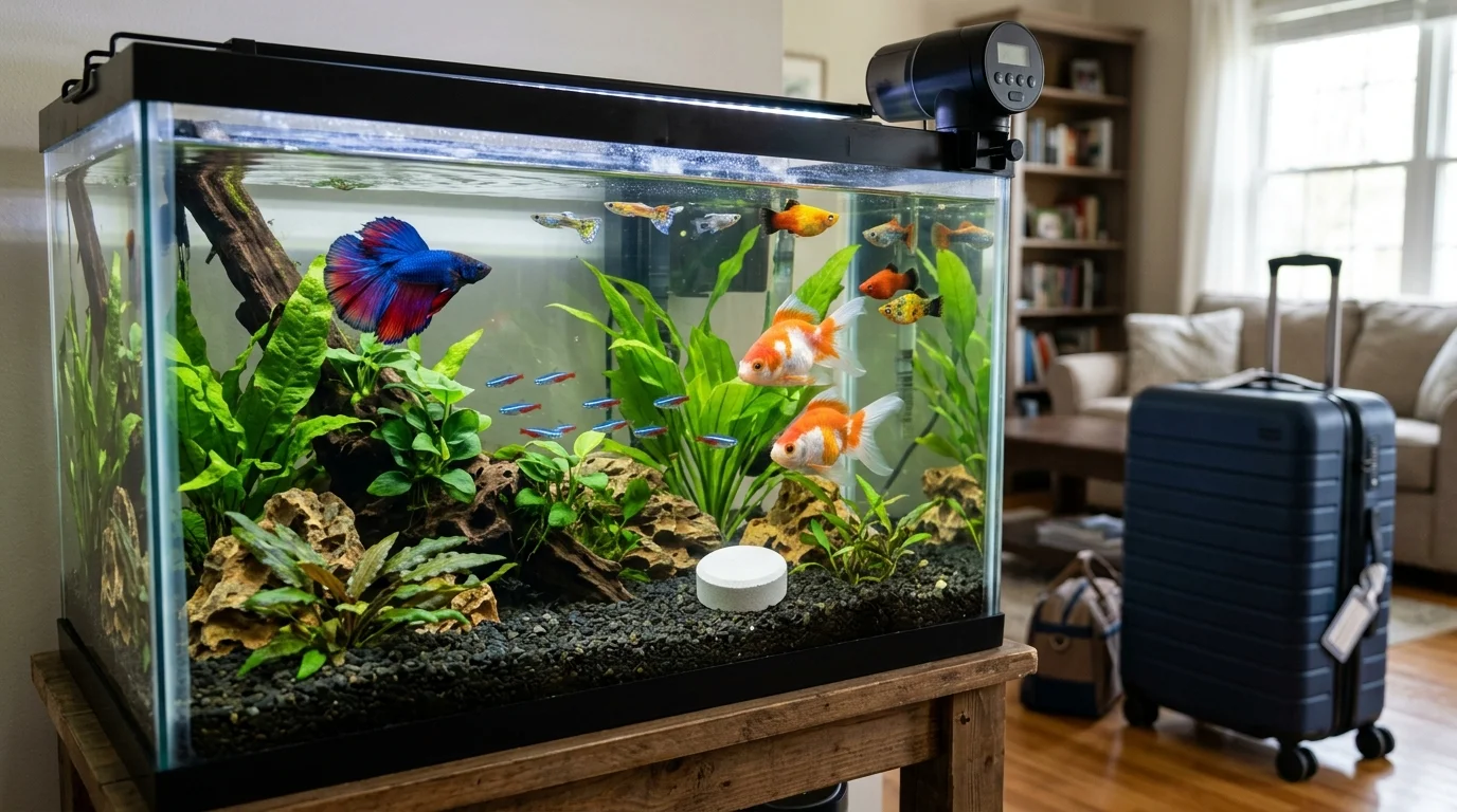 An aquarium with an automatic feeder and a slow-release food block next to a travel suitcase.