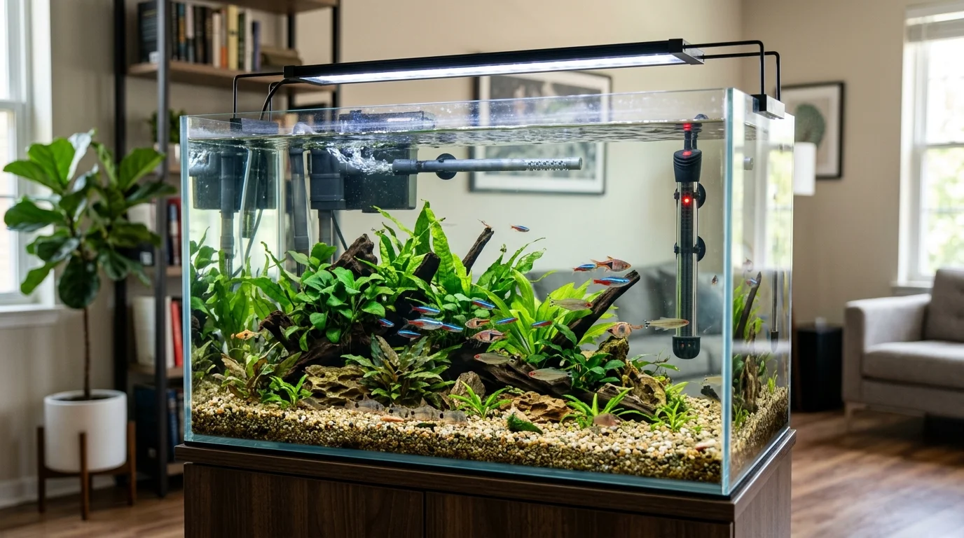 A clean, modern rimless aquarium with lush green plants and small tropical fish.