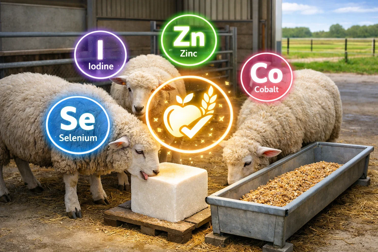 Sheep licking a white mineral block with floating icons for Iodine, Zinc, Cobalt, and Selenium.
