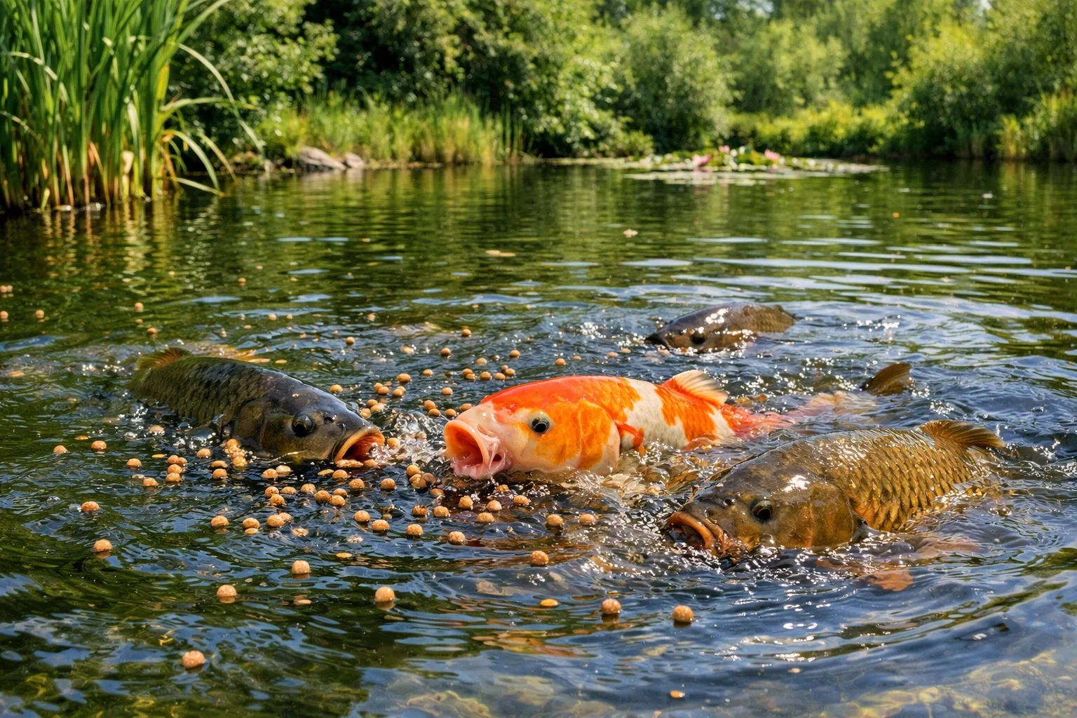 Large koi and carp breaking the surface of a sunny garden pond to eat floating fish food pellets.