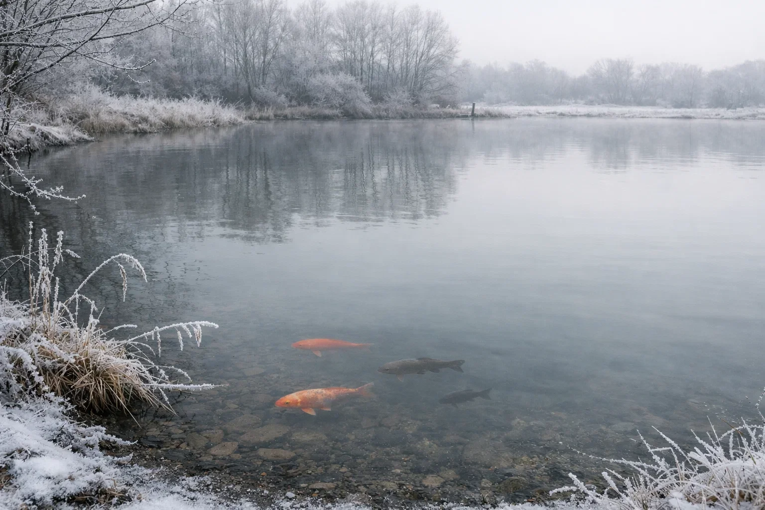 Orange and dark-colored fish swimming calmly in a cold pond surrounded by frost-covered grass and winter mist.