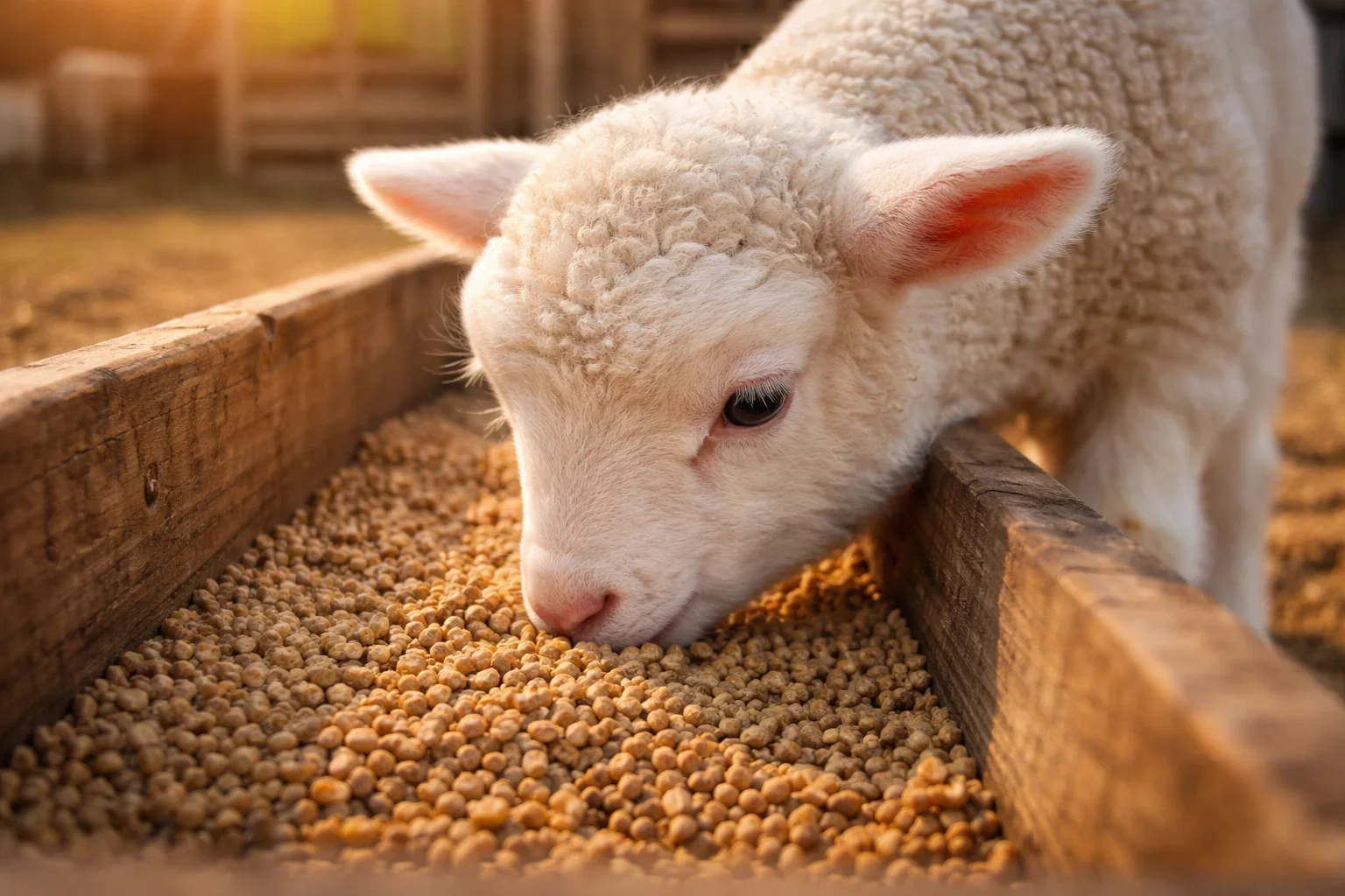 A close-up of a young white lamb eating starter pellets from a wooden trough.
