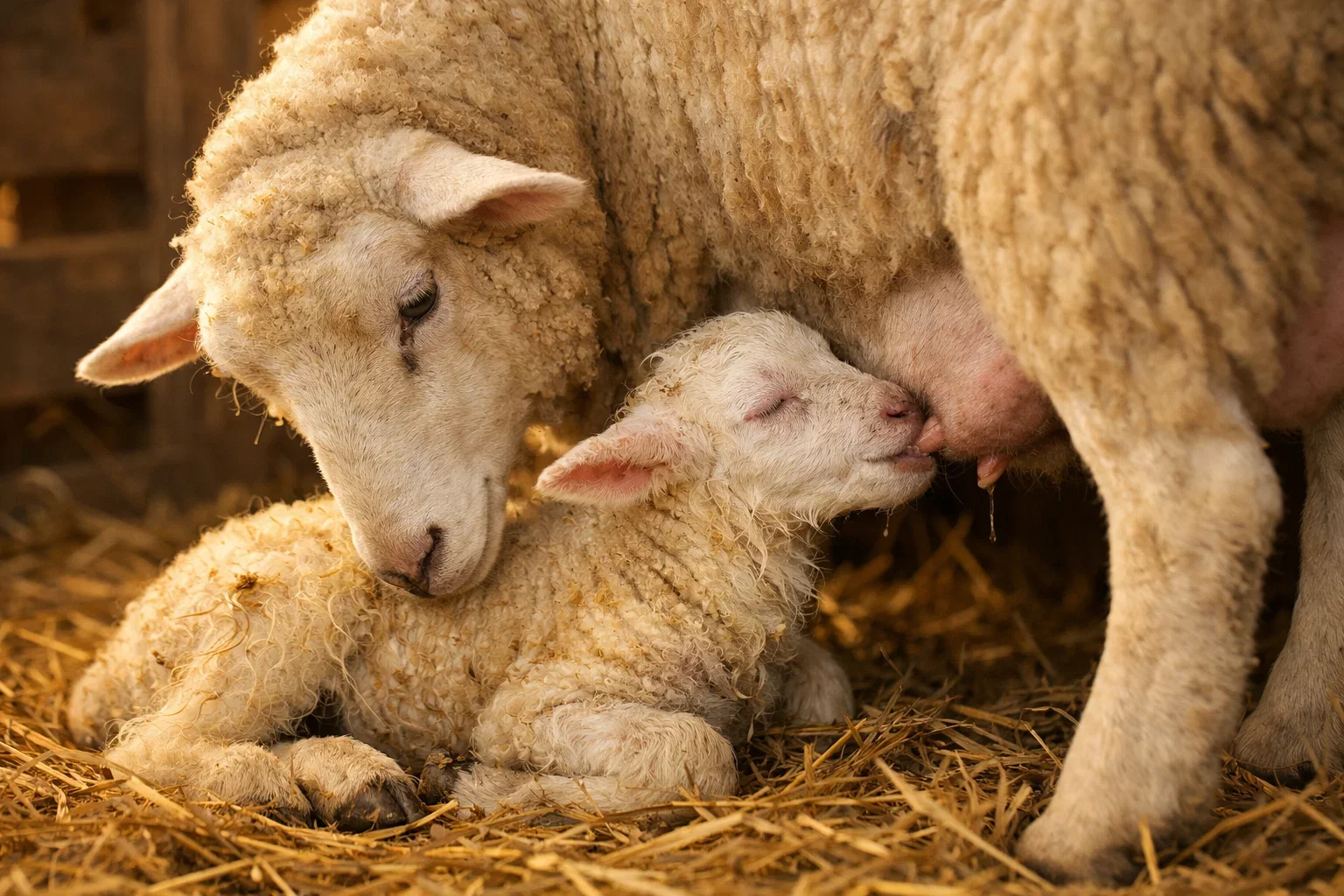 A newborn lamb nursing from its mother in a hay-filled barn.