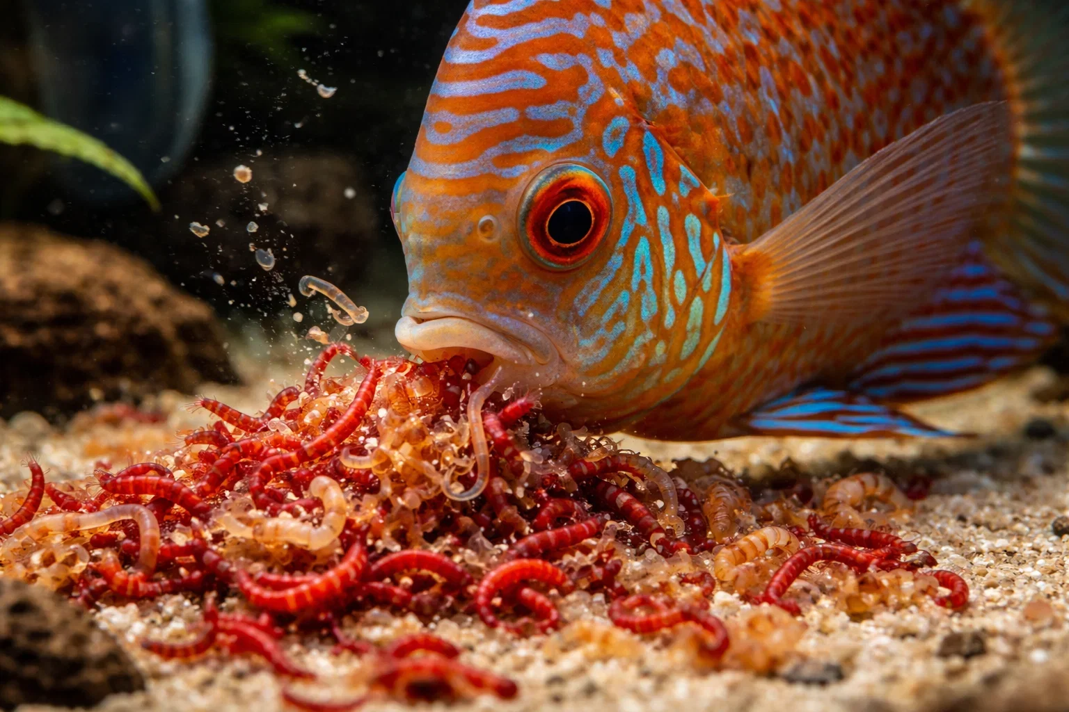A close-up of a vibrant orange and blue patterned Discus fish eating red bloodworms from the sandy bottom of an aquarium.