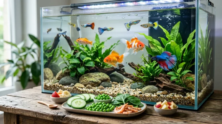 A variety of fresh vegetables and shrimp on a wooden table in front of a fish tank.