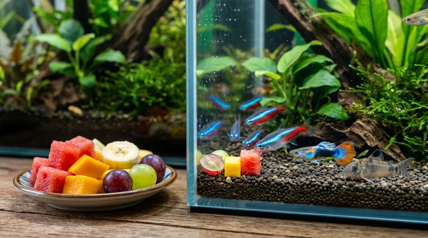 Close-up of tropical fish nibbling on small pieces of watermelon and mango inside an aquarium.