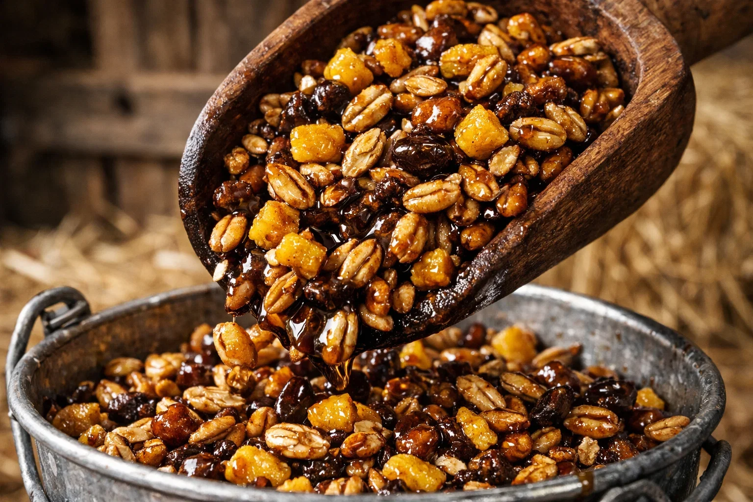 A scoop of textured grain mix featuring corn, oats, and grains coated in dark molasses.