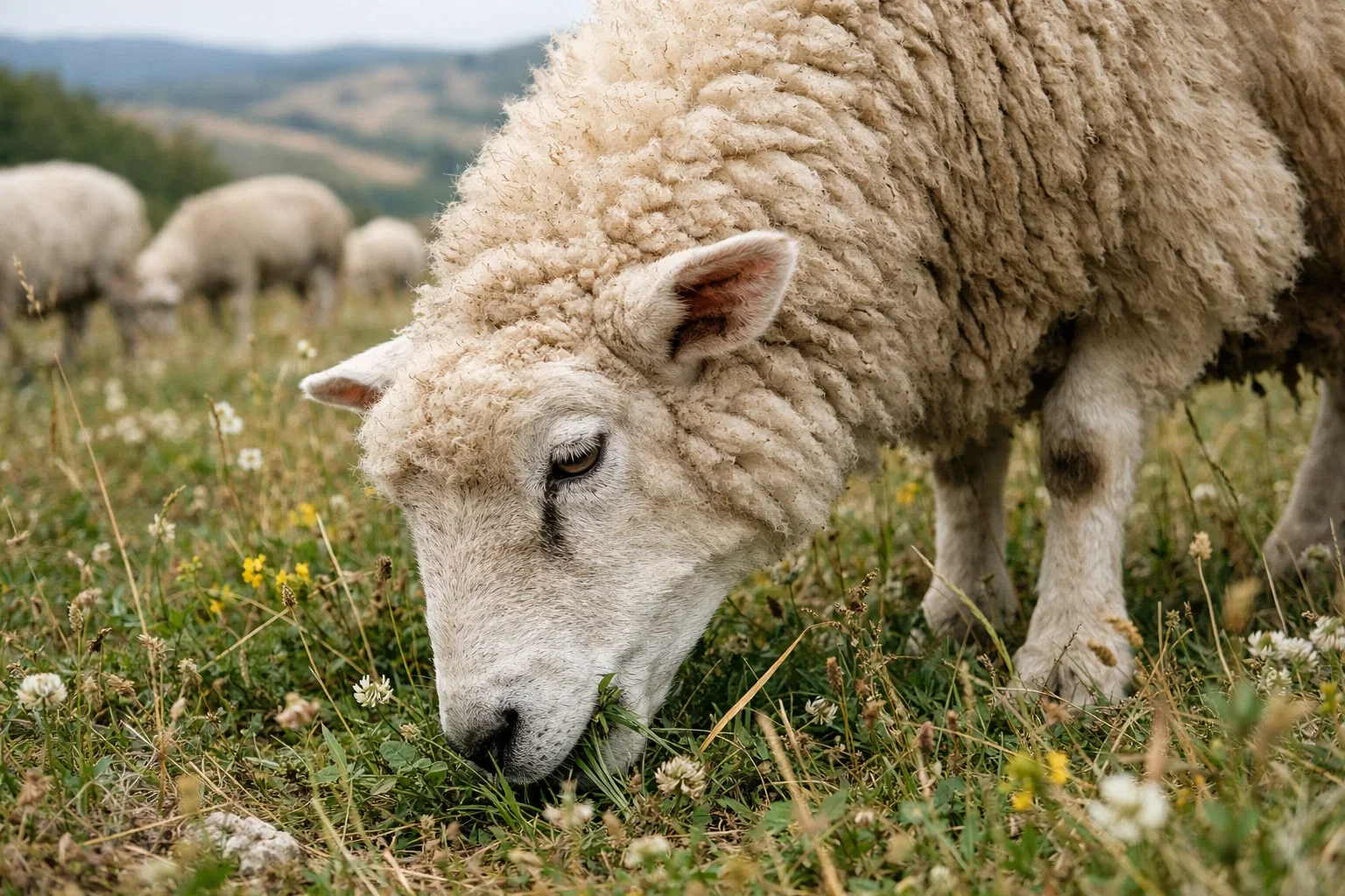 A flock of sheep grazing on a wide, green pasture with rolling hills in the background.