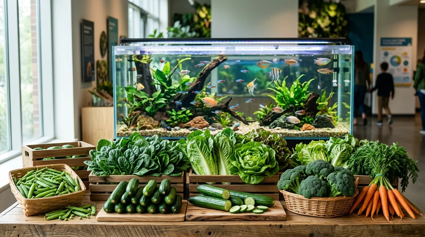 A large display of fresh green vegetables arranged on a wooden counter in front of a community aquarium.