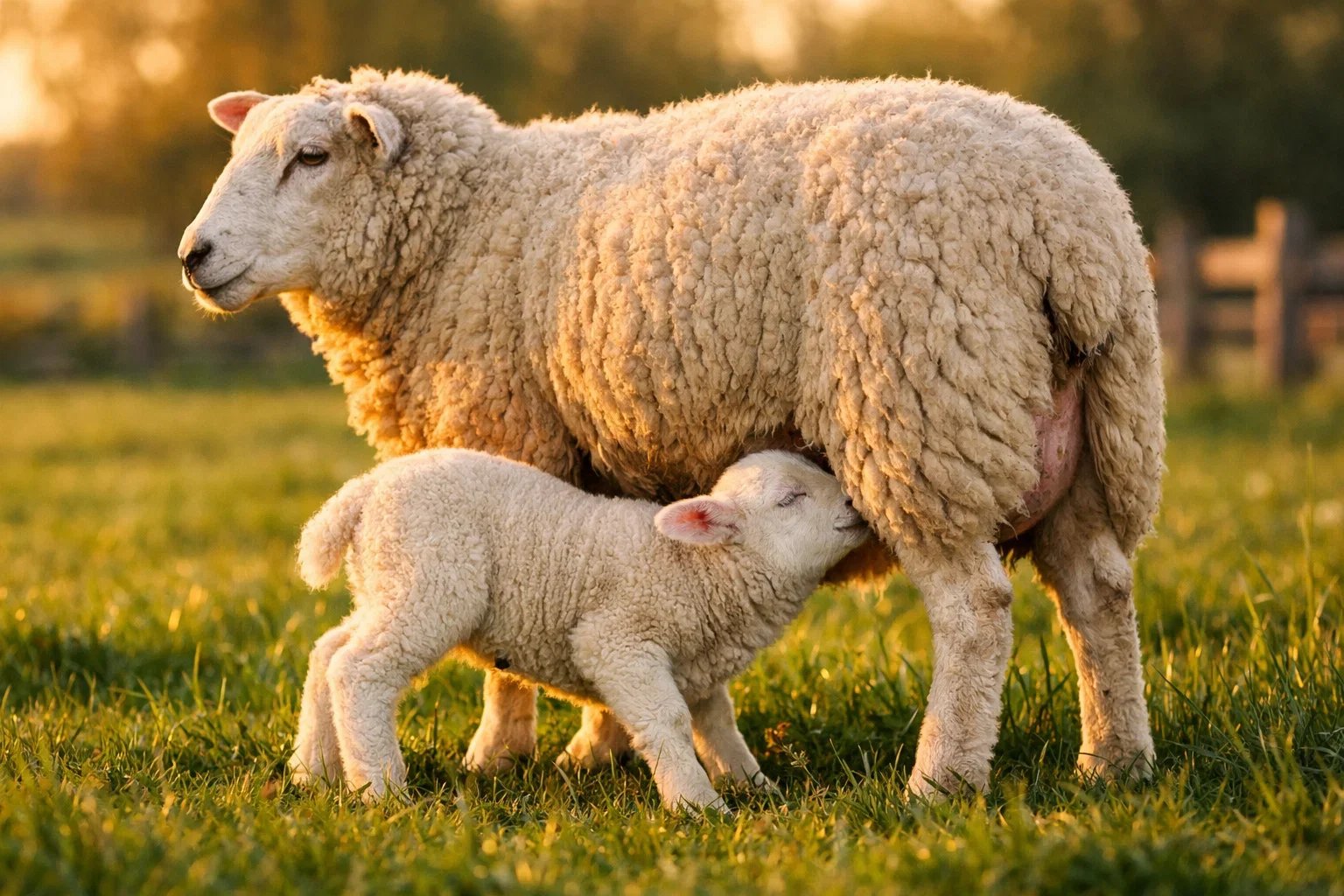 A lamb nursing from a ewe in a green pasture at sunset.