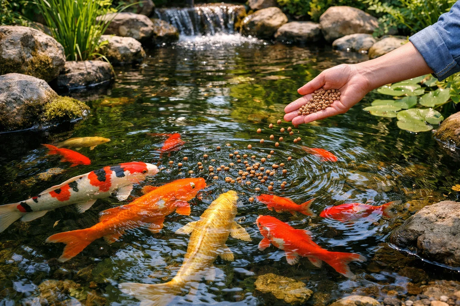 A person’s hand sprinkling brown nutritional pellets into a stone-lined garden pond filled with orange and yellow koi fish.