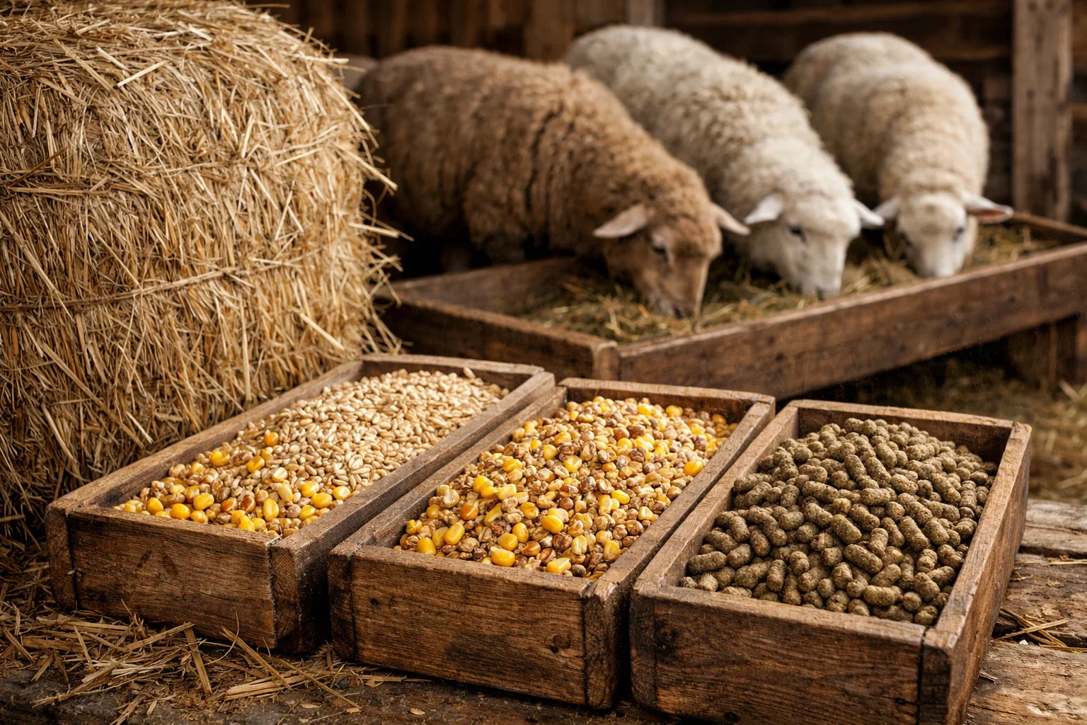 A farmer in a green plaid shirt leaning over a wooden fence to check on a group of healthy sheep.
