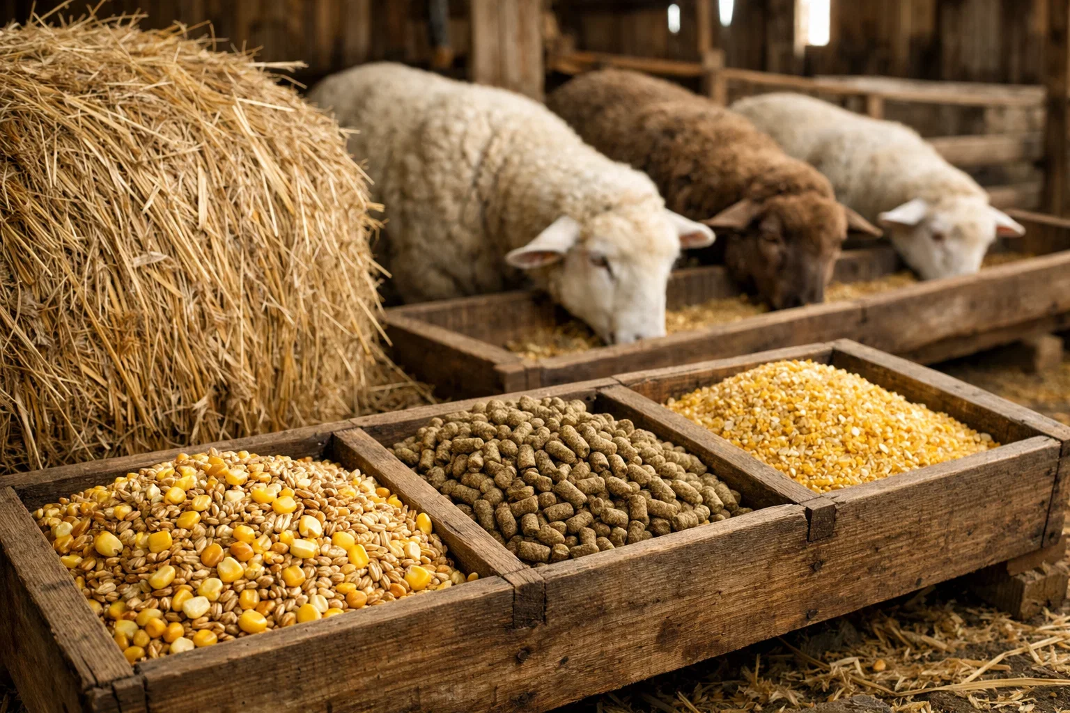 A diagram showing the three main winter feeds for sheep: Hay, Silage, and Grain Supplements.