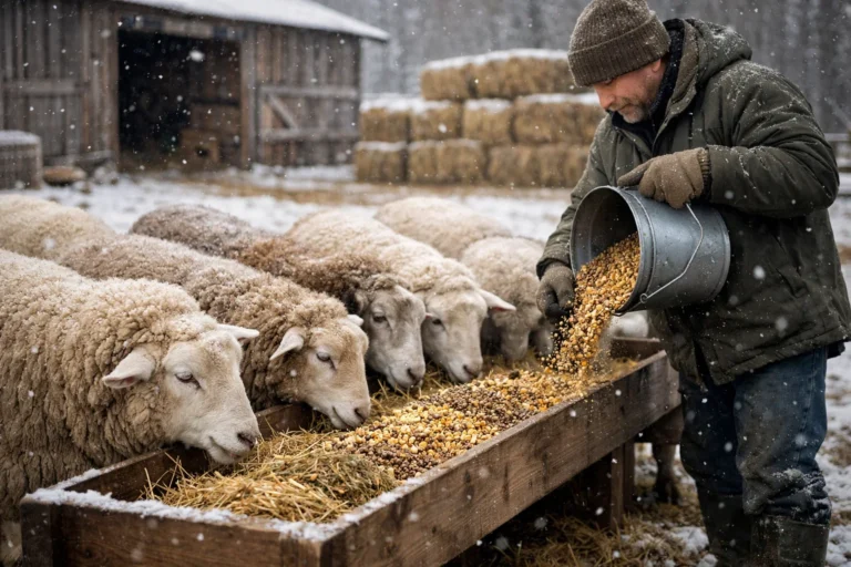 Sheep in a snowy outdoor enclosure eating hay from a large round bale feeder.