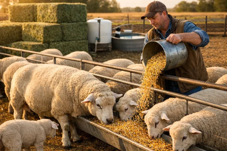 A close-up of a lamb eating high-protein pellets from a person's cupped hands.